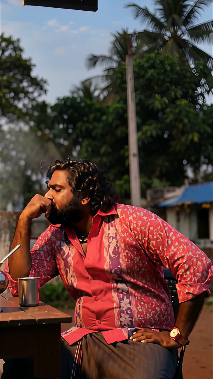 Man In Red Patterned Shirt Drinking Tea Under Coconut Trees