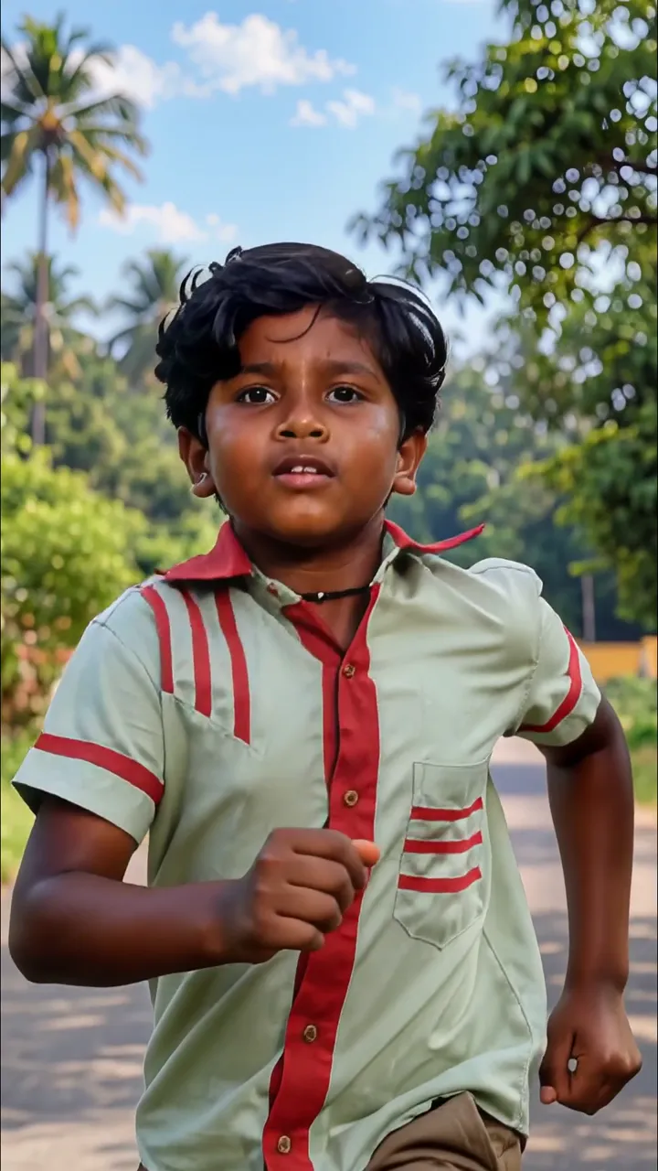 Energetic Indian Boy Running In Green And Red Shirt Outdoor