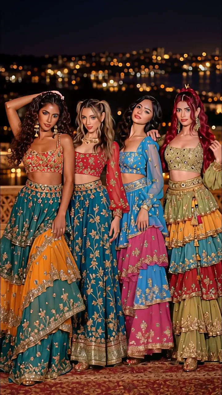 Four Women In Vibrant Lehenga Choli Night Cityscape