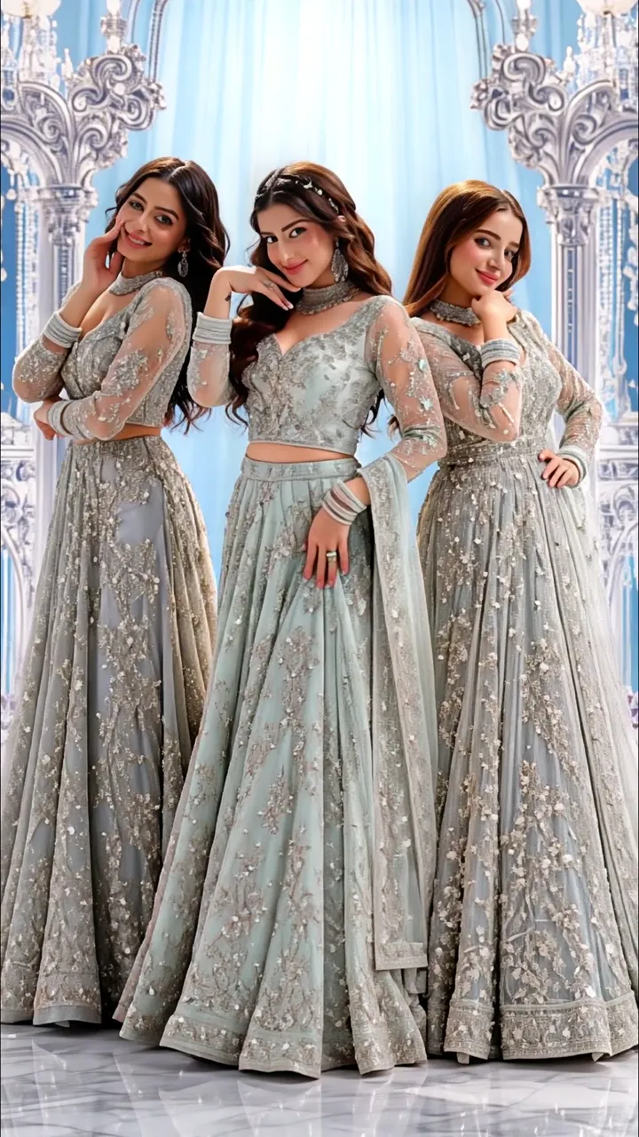 Three Women In Elegant Grey Lehenga With Floral Embroidery