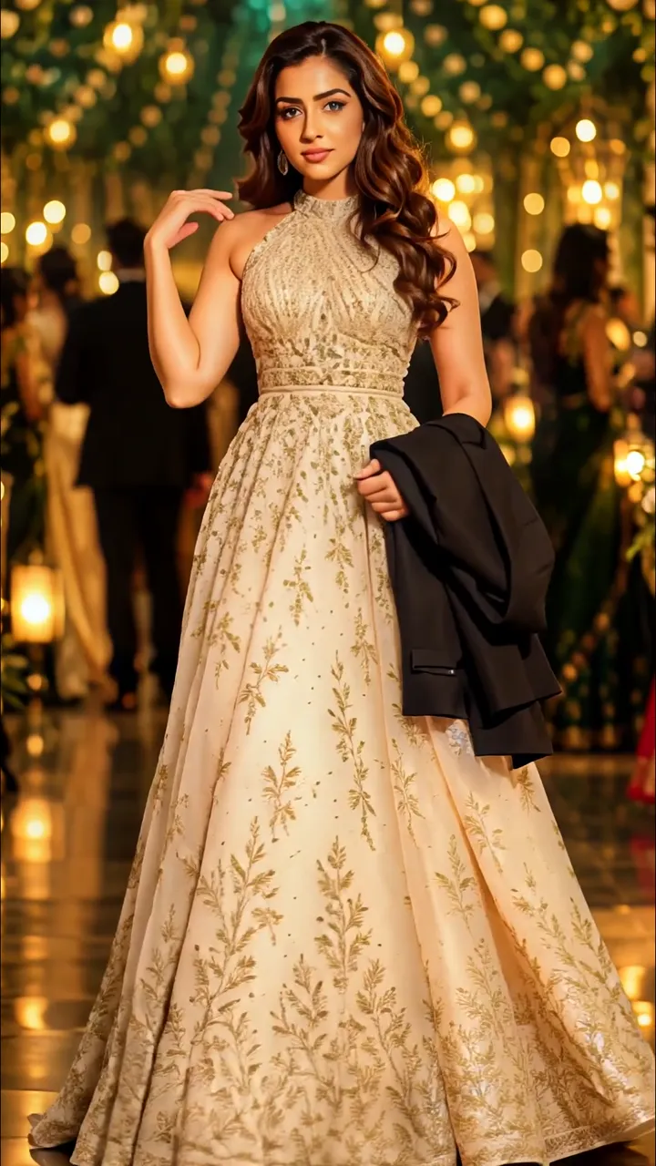 Elegant Woman In Gold Floral Anarkali Gown At Glamorous Party