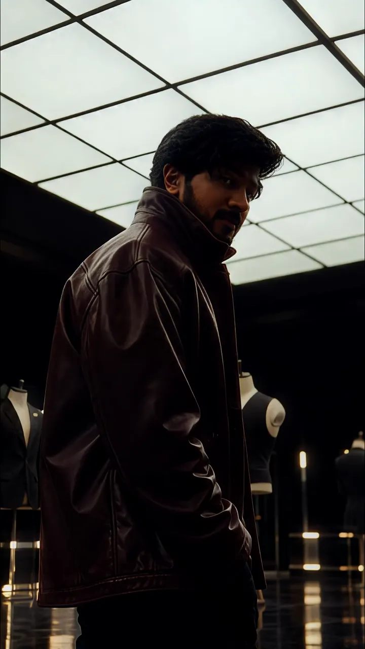 Rajinikanth Stylish Brown Leather Jacket In Luxury Fashion Showroom