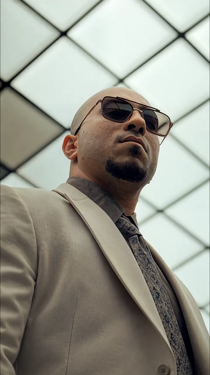 Cool Bald Man In Beige Suit And Sunglasses Urban Scene