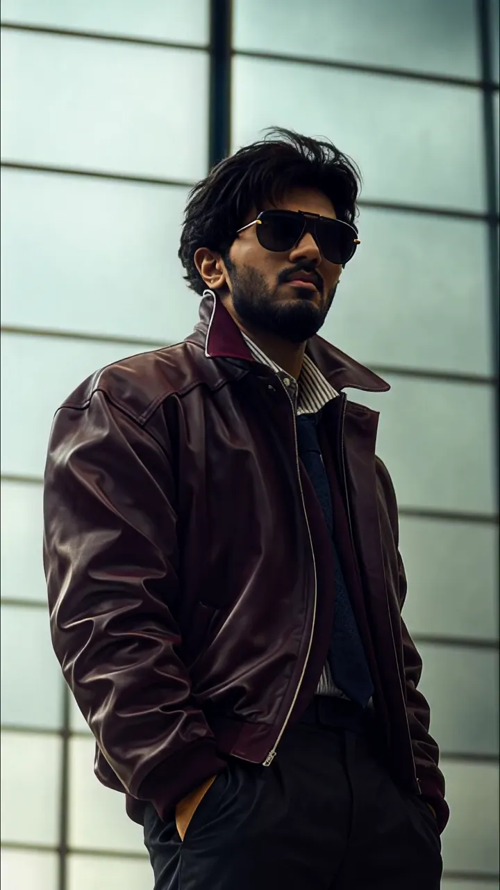 Charming Man In Burgundy Leather Jacket With Sunglasses Urban Style