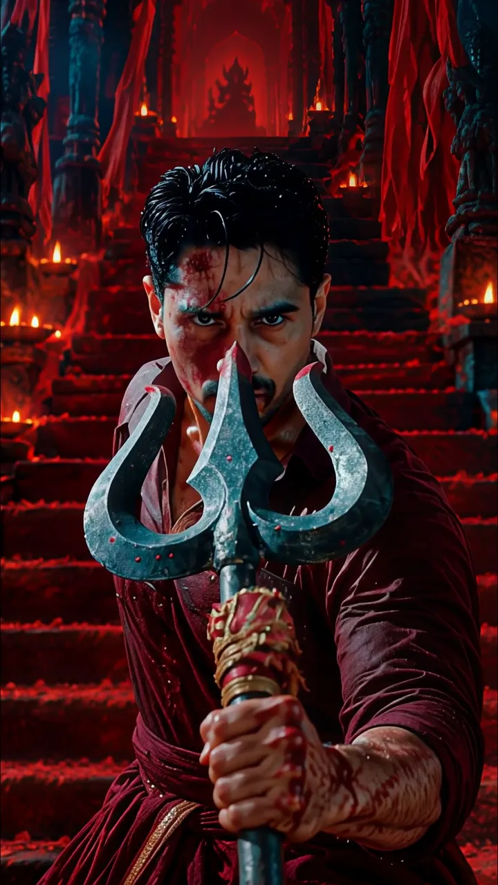 Shiva With Bloodied Trishul In Red Temple Scene