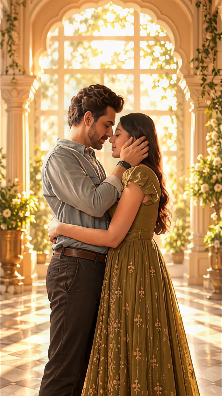 Romantic Couple Embrace In Golden Sunlit Palace Hall