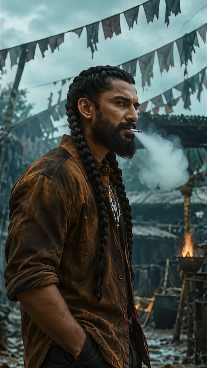 Mysterious Man With Braided Hair Smoking In Tribal Camp
