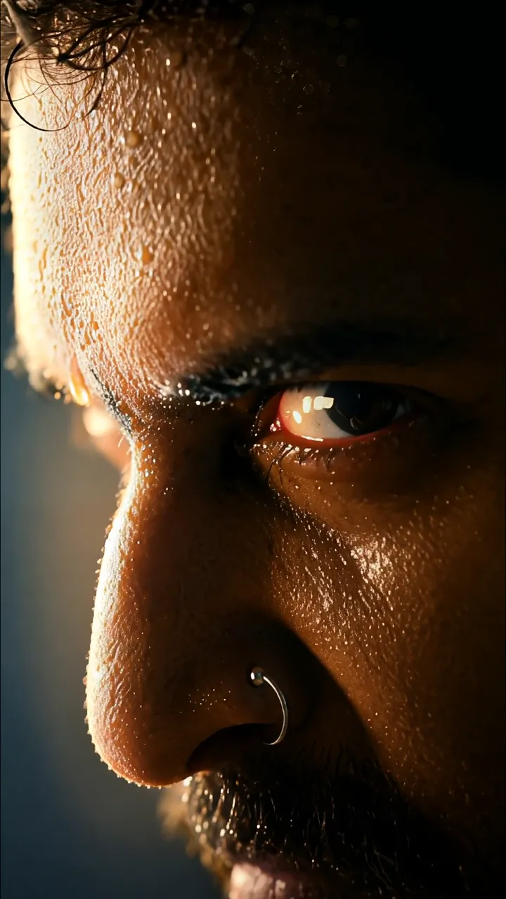 Intense Close-Up Of A Man With Red Eyes And Nose Piercing
