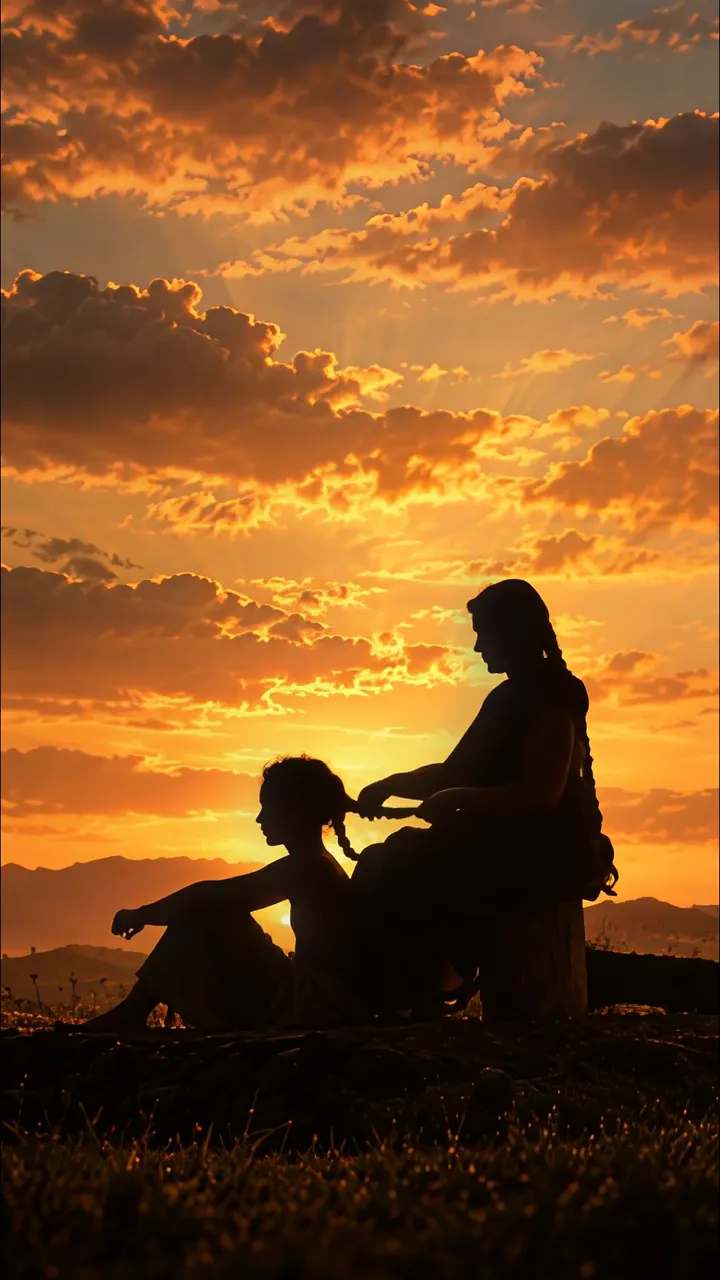 Mother Braiding Daughter's Hair At Sunset Silhouette