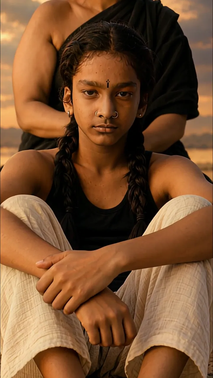Young Girl With Braids And Sacred Mark Sitting In Sunset