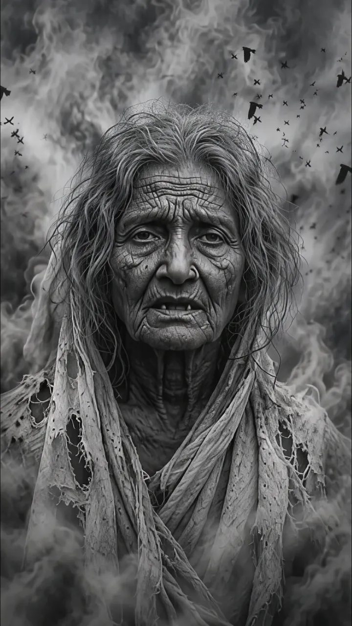Ancient Witch With Crow Swarm And Smoke Background