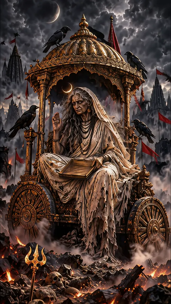 Ancient Hindu Goddess Seetacloud On Golden Chariot With Crows And Skulls