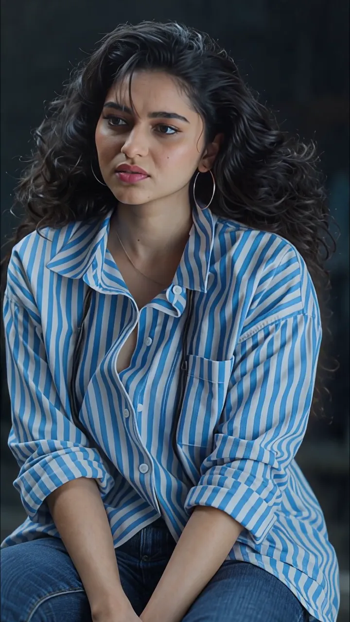 Retro 90s Girl With Curly Hair And Blue Striped Shirt