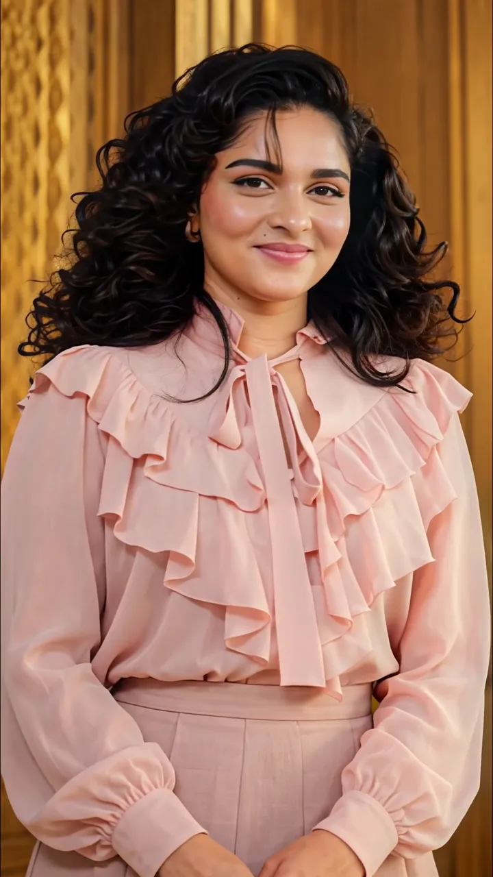 Anushka Sharma Elegant Pink Ruffled Blouse Portrait