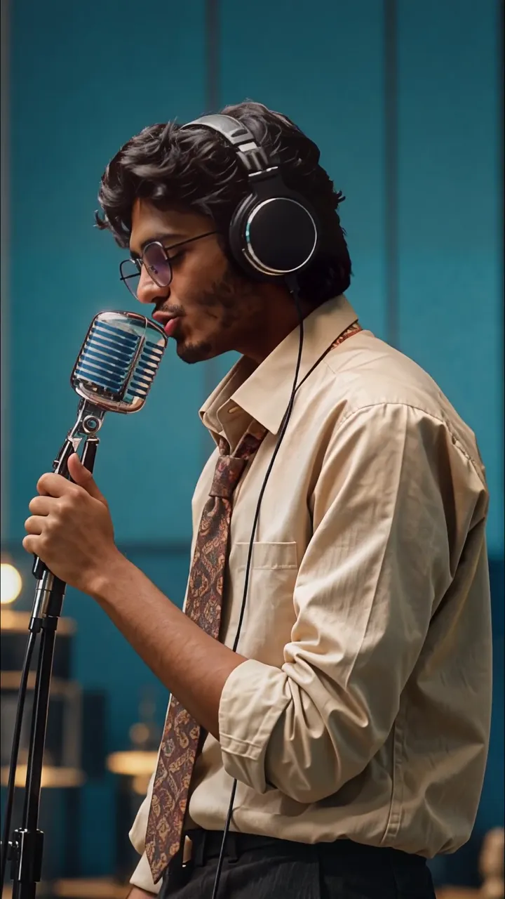 Vintage Retro Singer With Microphone And Headphones In Studio