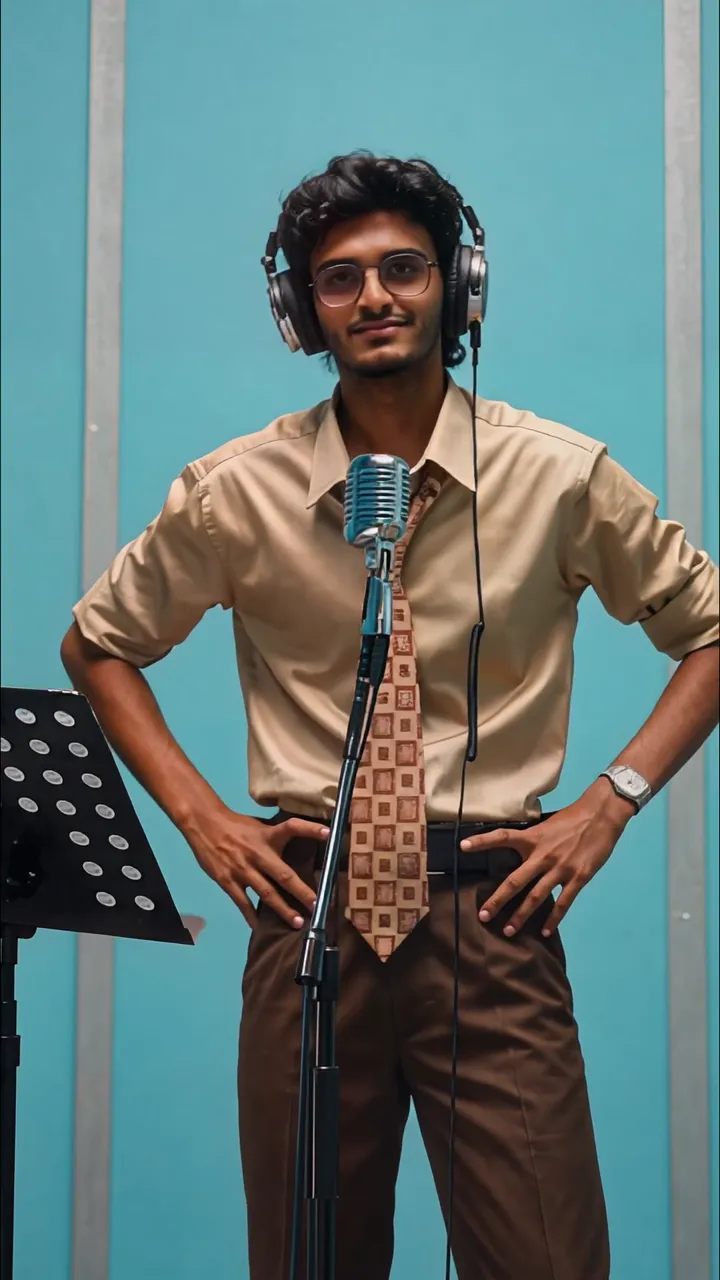 Young Man In Vintage Studio With Retro Microphone And Headphones