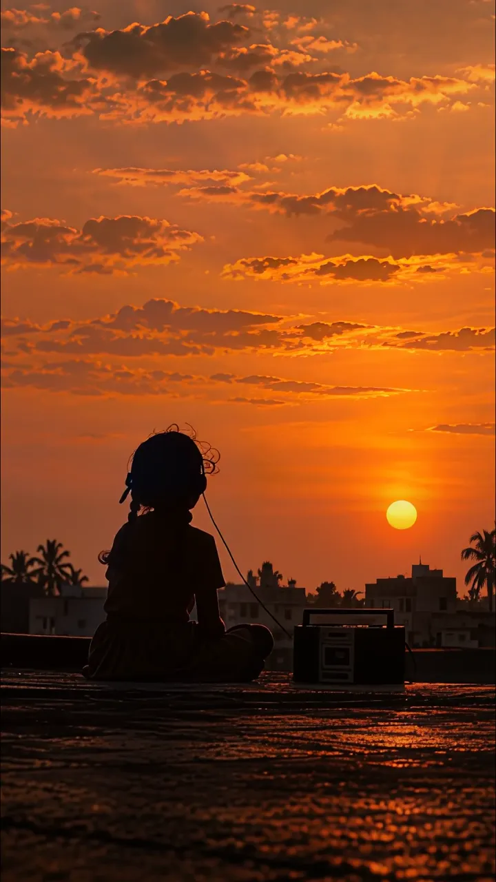 Silhouette Of Girl Listening To Music On Rooftop At Sunset