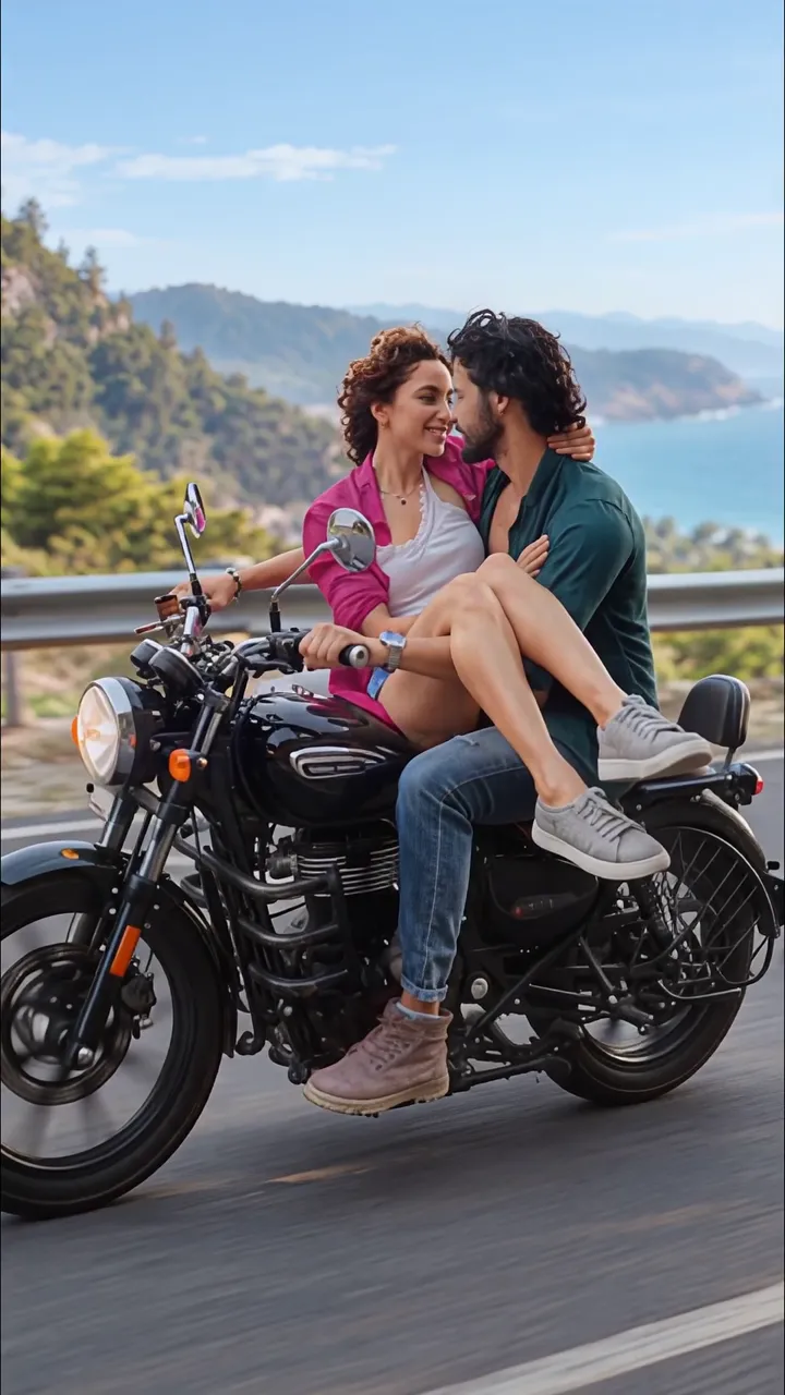 Couple Riding Black Motorcycle On Coastal Highway
