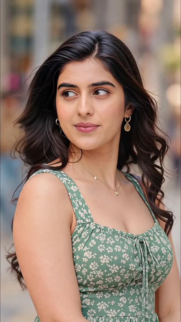 Smiling Girl In Green Floral Dress Street Scene