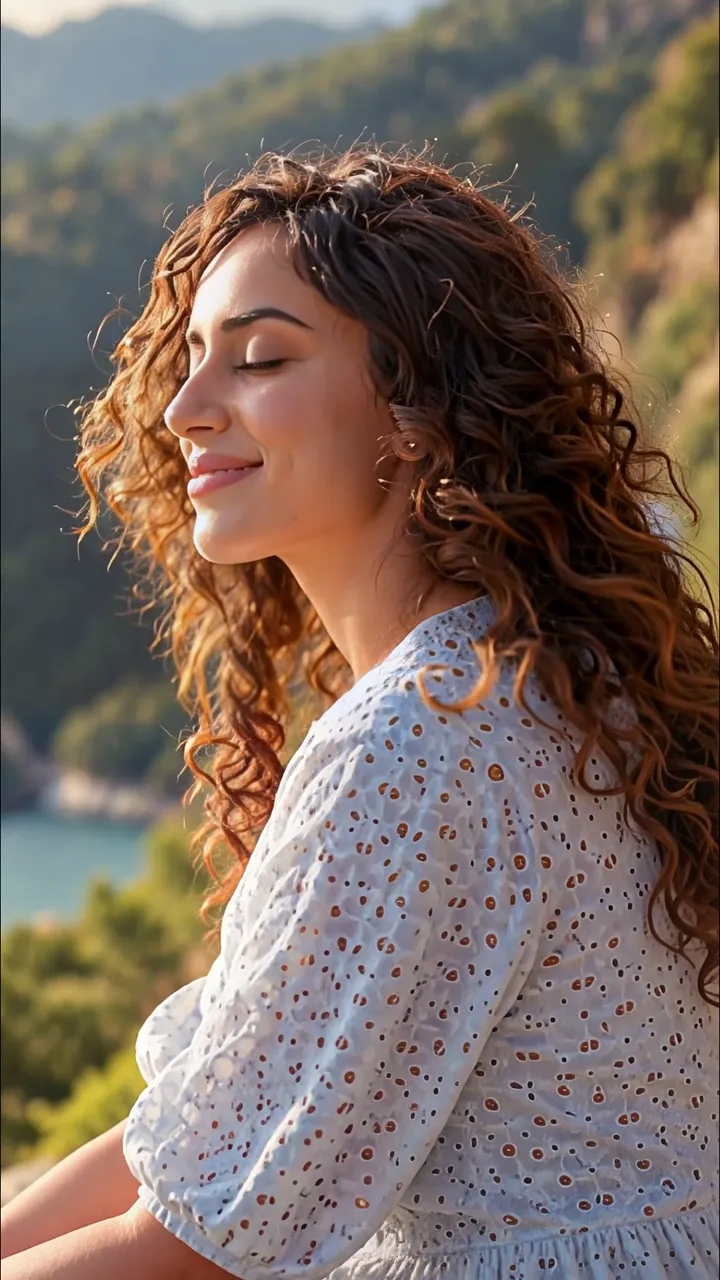 Peaceful Woman With Curly Hair Enjoying Mountain Sunset