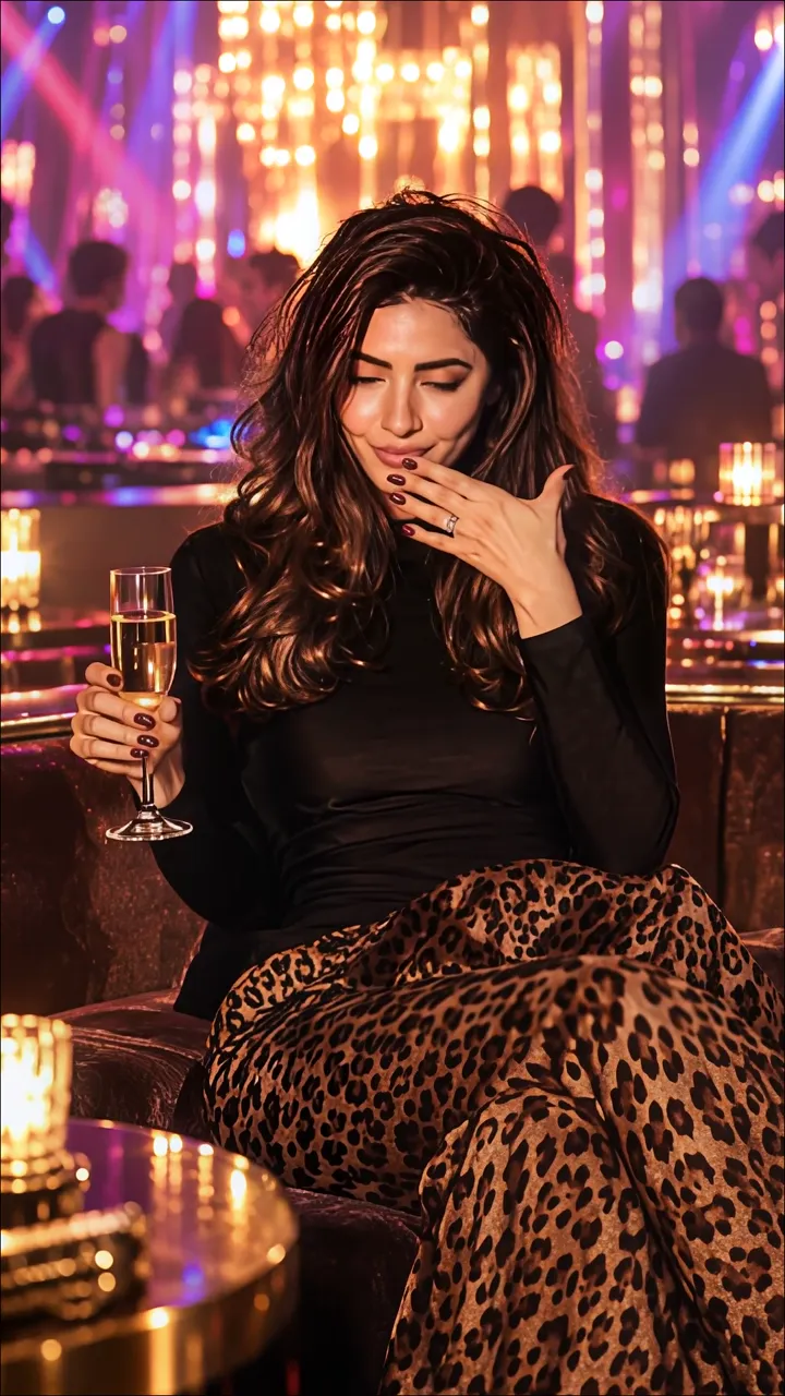 Elegant Woman In Leopard Print Holding Champagne At Glamorous Nightclub