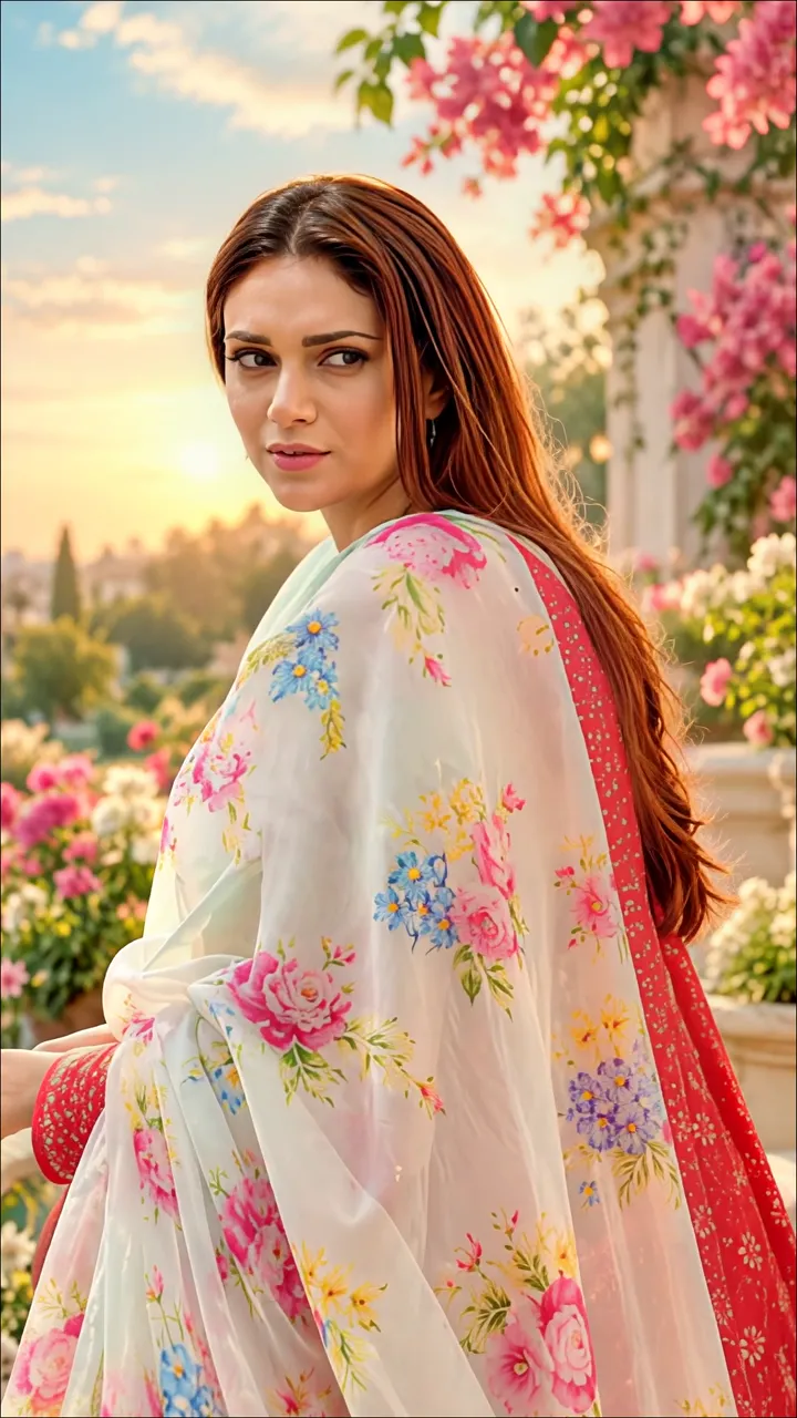 Elegant Woman In Floral Saree Amid Pink Roses Sunset Garden