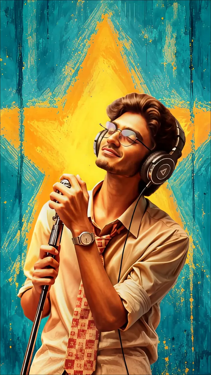 Singer With Headphones And Microphone In Vibrant Star Background