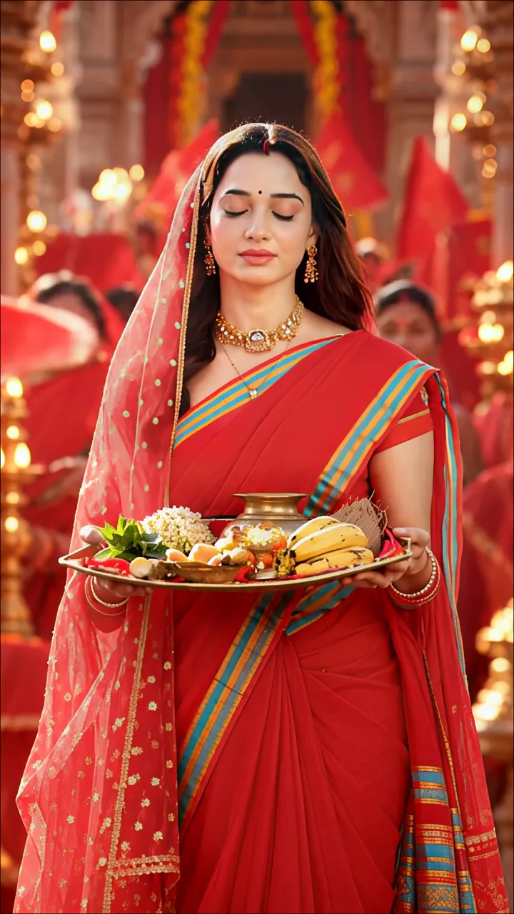 Devotional Woman In Red Saree Offering Prasad At Temple