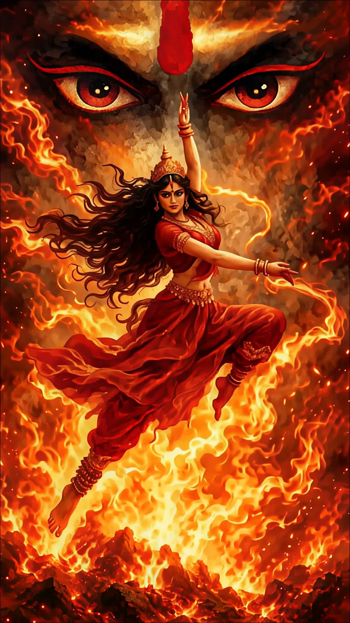 Durga Devi Dancing Amidst Flames With Shiva's Eyes