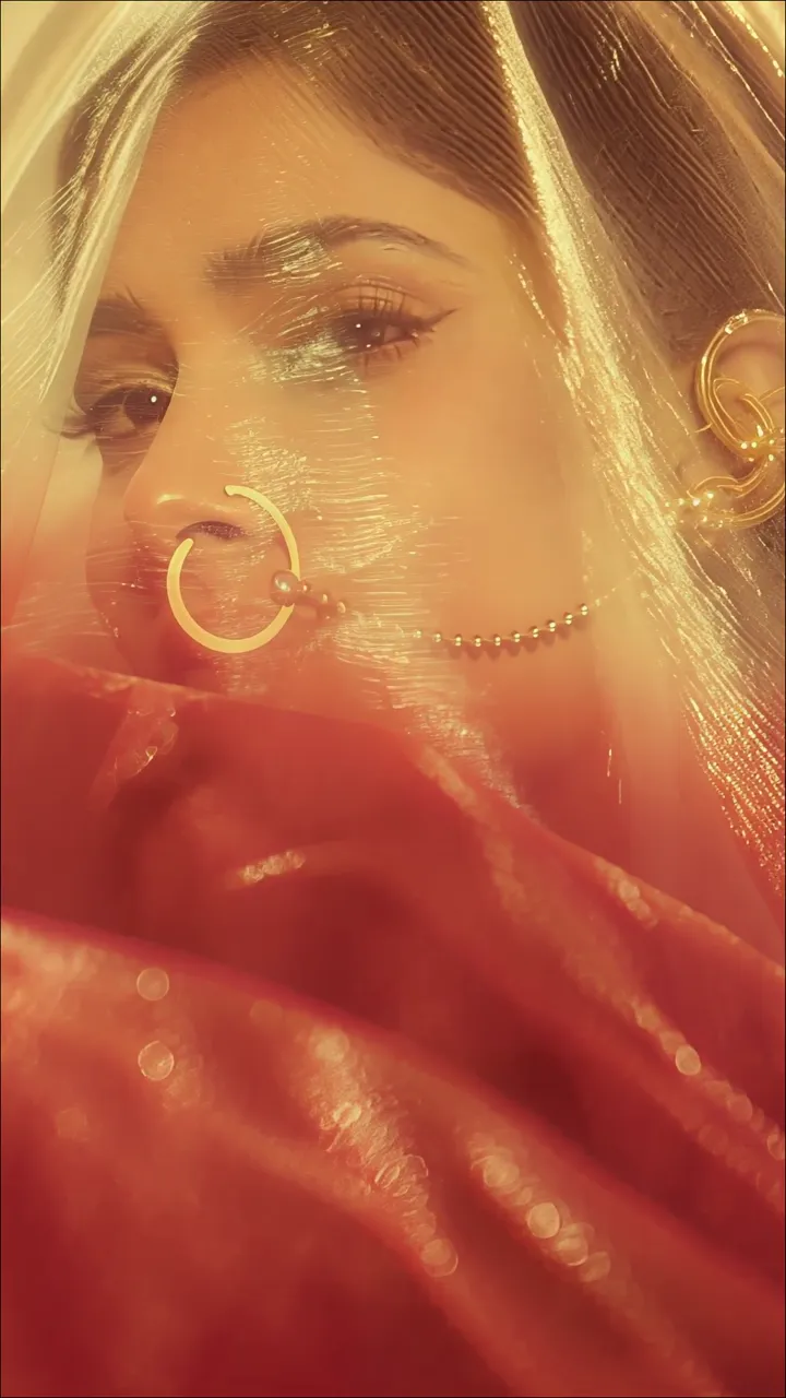 Golden Veiled Woman With Red Sari And Gold Jewelry