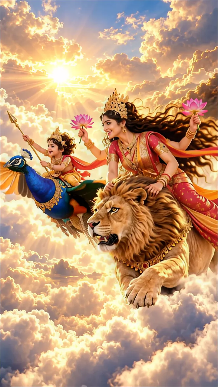 Divine Mother Durga With Child Riding Lion And Peacock Through Clouds