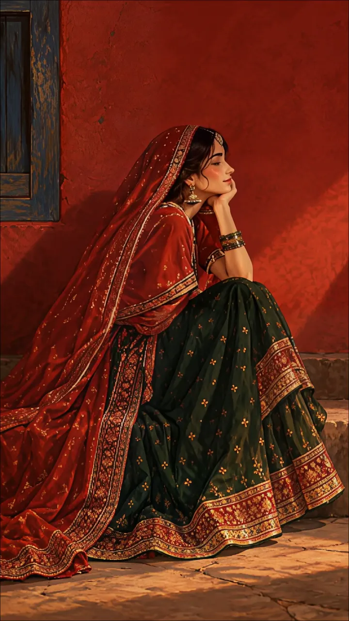Elegant Indian Bride In Red And Green Lehenga Sitting On Stone Steps