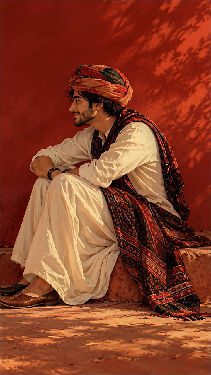 Man In Traditional Turban Sitting Against Red Wall