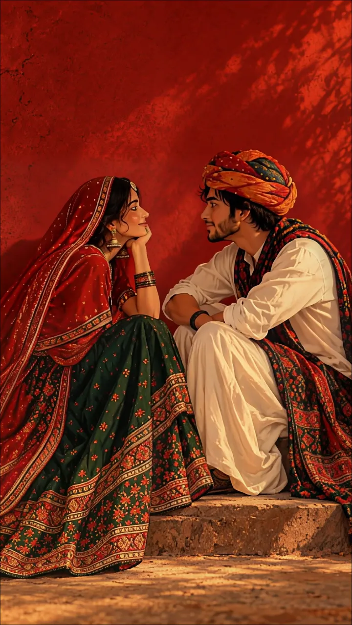 Romantic Couple In Traditional Indian Attire Against Red Wall