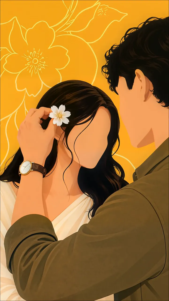 Romantic Couple Moment With White Flower And Warm Yellow Background