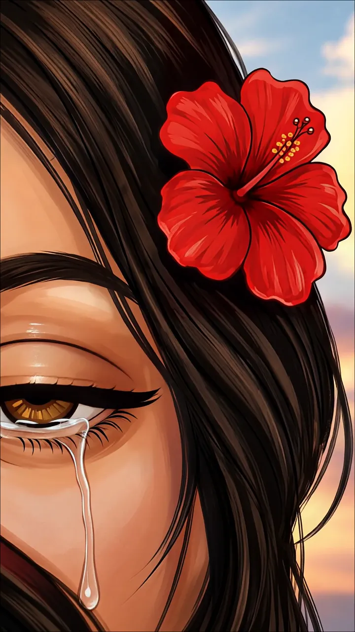 Sad Anime Girl Crying With Red Hibiscus Flower