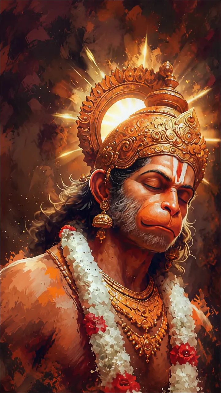 Hanuman Devotional Portrait With Golden Crown And Flower Garland