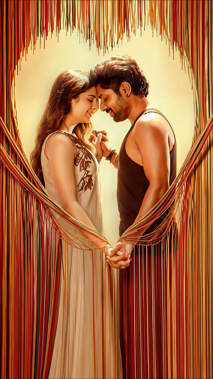 Romantic Couple Holding Hands Under Heart-Shaped Fringe Canopy