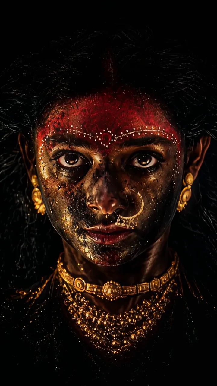 Dark Goddess With Golden Jewelry And Red Bindhi
