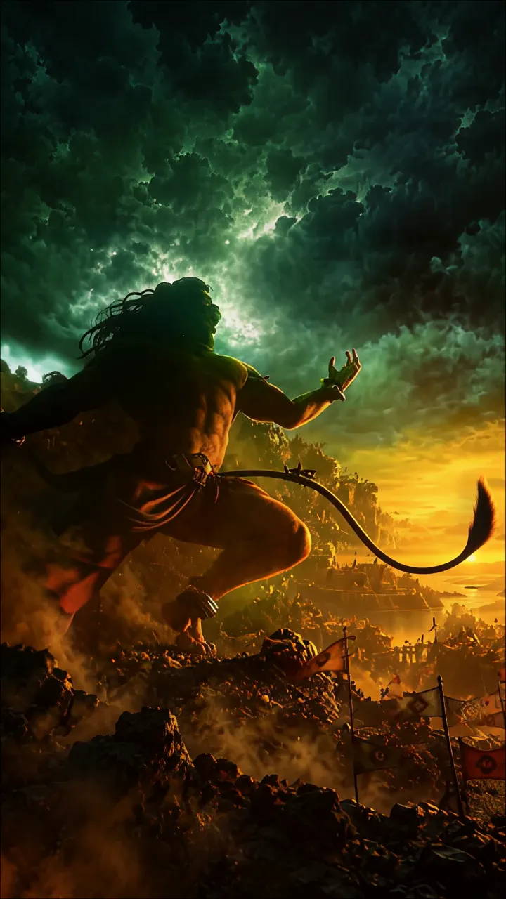 Powerful Hanuman Leaping Over Battlefield With Divine Aura
