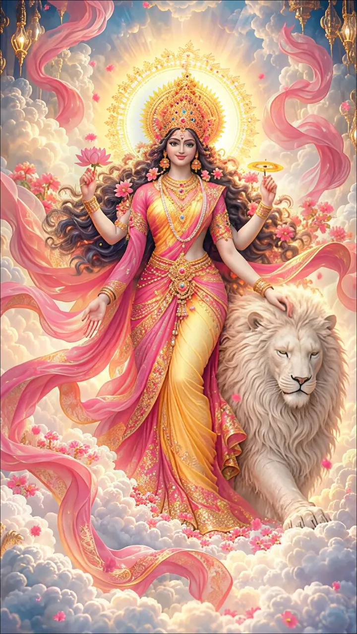 Goddess Durga With White Lion And Lotus In Divine Clouds