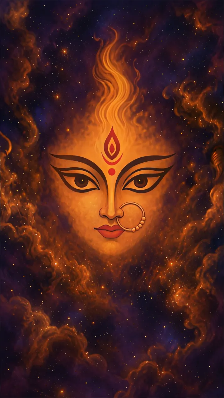 Durga Divine Cosmic Face With Flame Crown And Starry Sky