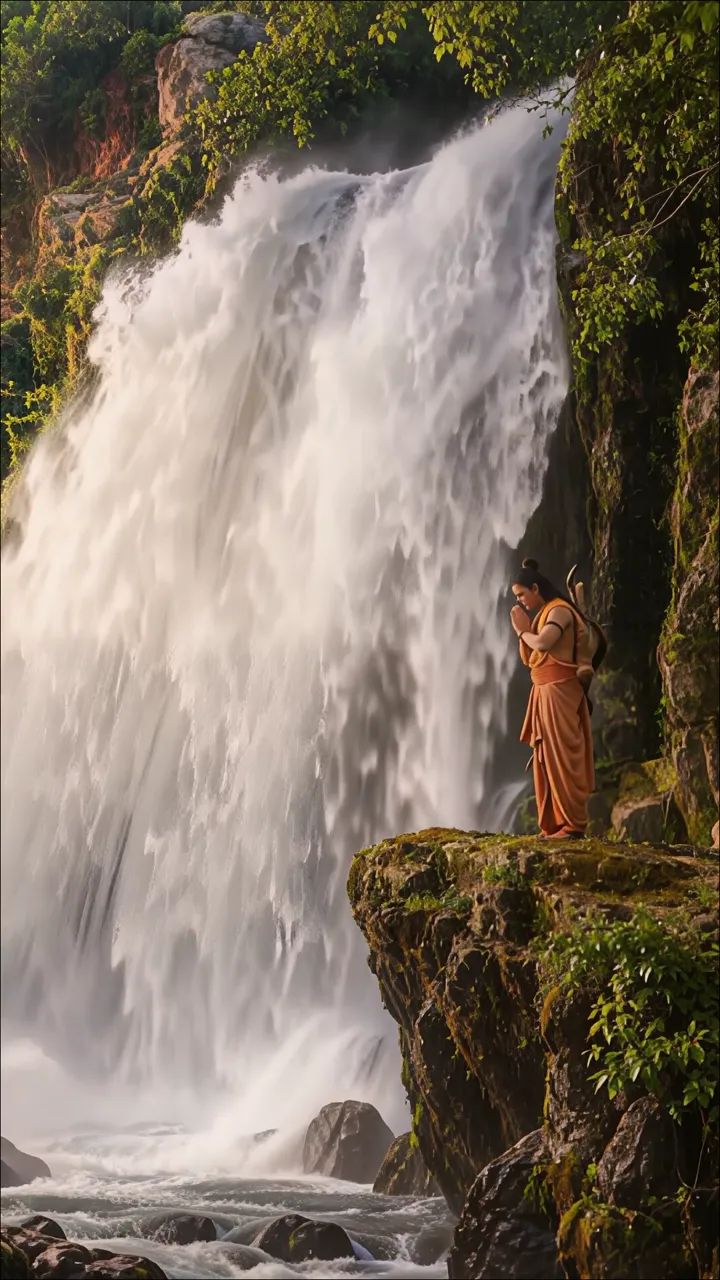 Shiva Meditating Near Majestic Waterfall With Trishul