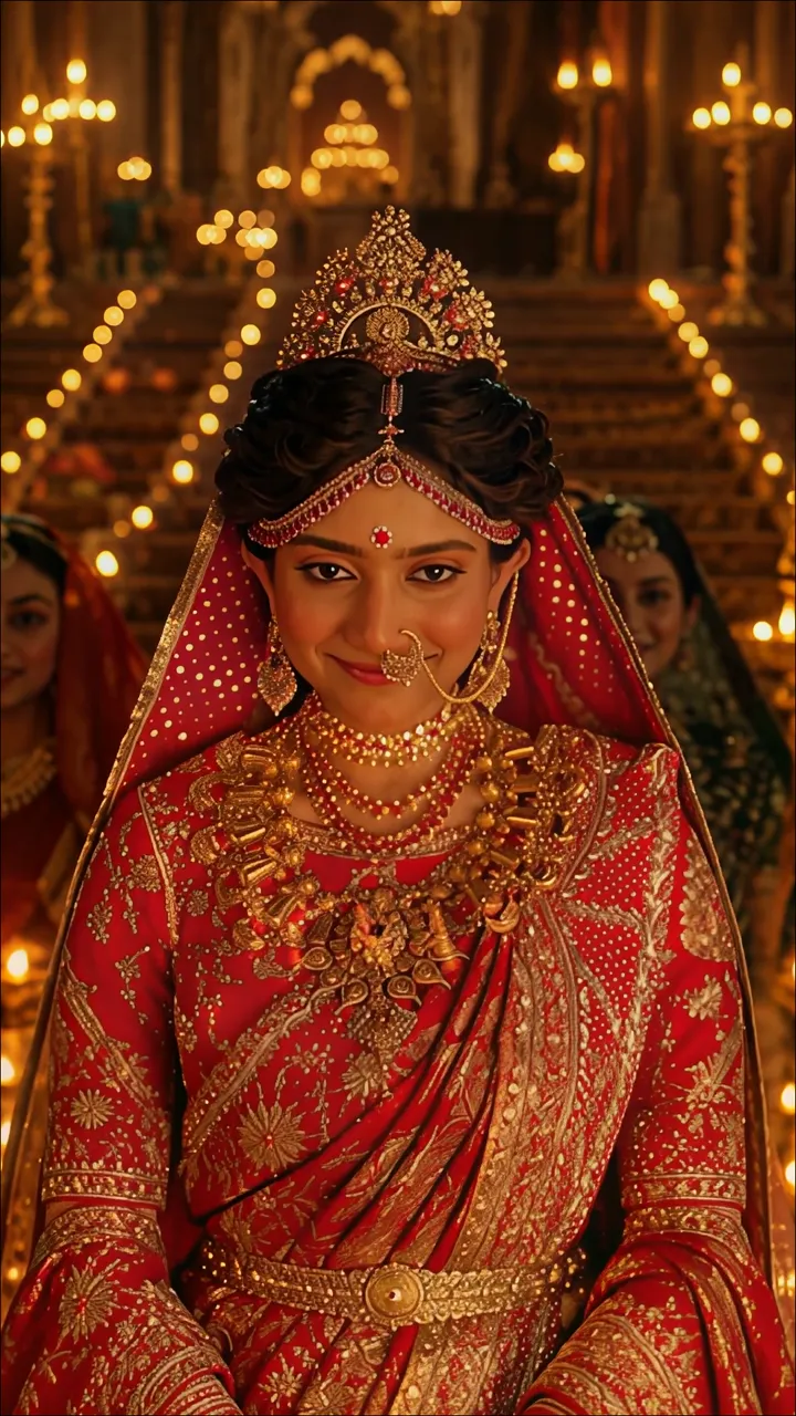 Royal Bride In Red Saree With Gold Jewelry And Diadem