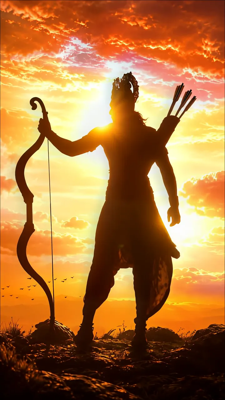 Silhouette Of Lord Rama With Bow And Arrows At Sunset