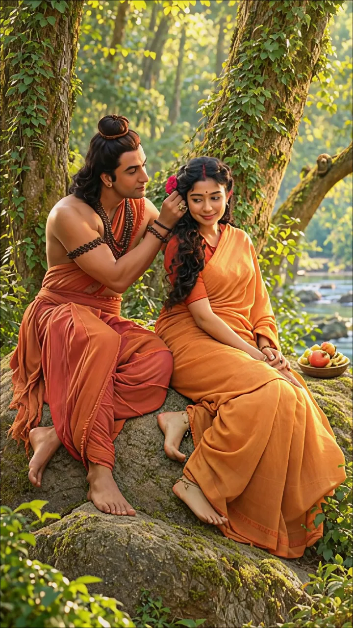 Shiva And Parvati Romantic Forest Scene With Orange Attire