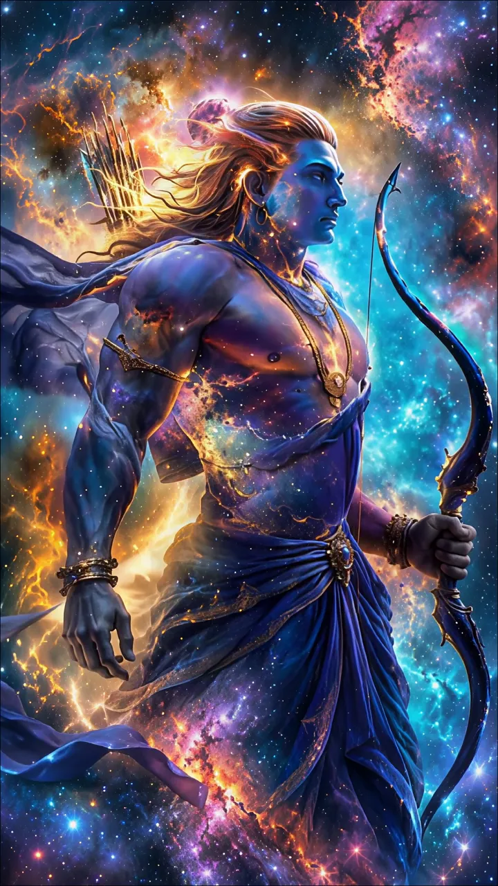 Shiva Cosmic Warrior With Bow And Arrow In Nebula
