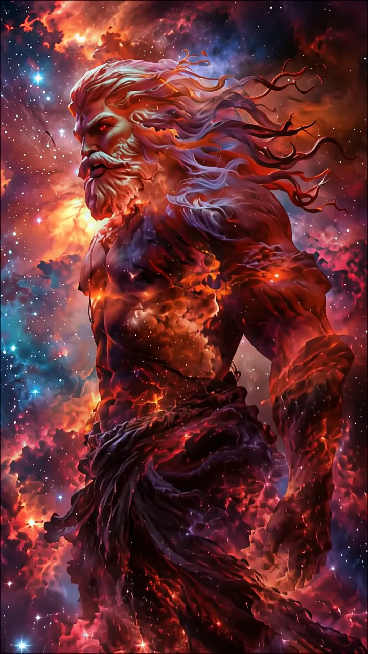Cosmic God With Fiery Hair And Red Eyes In Nebula