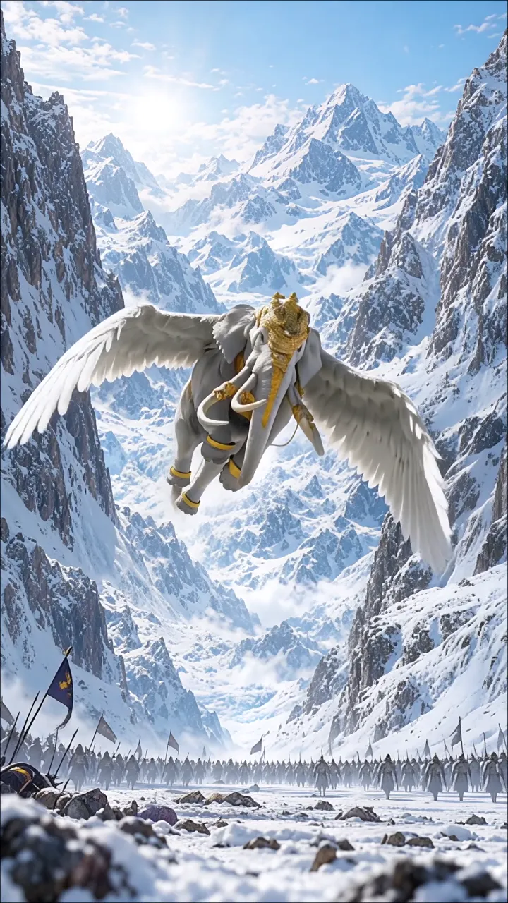 White Winged Air Elephant Flying Over Snowy Mountains With Army