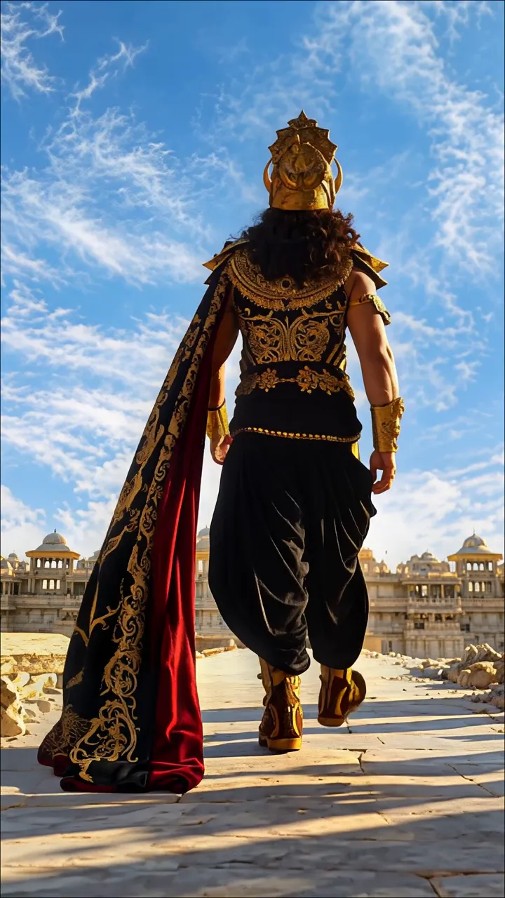 Back View Of Shiva In Royal Black And Gold Costume With Red Cape